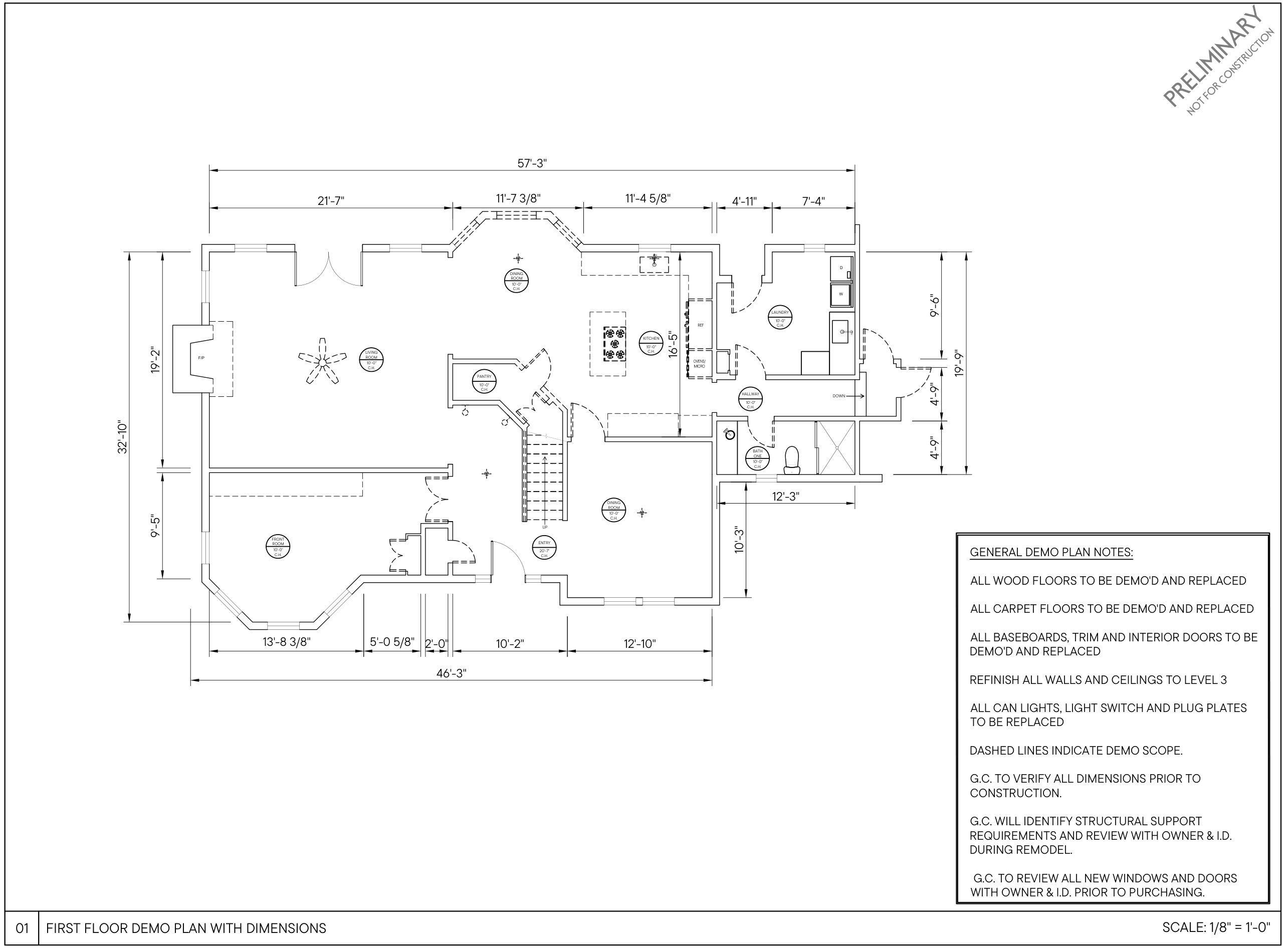 Drawing 1: first floor demo plan with dimensions