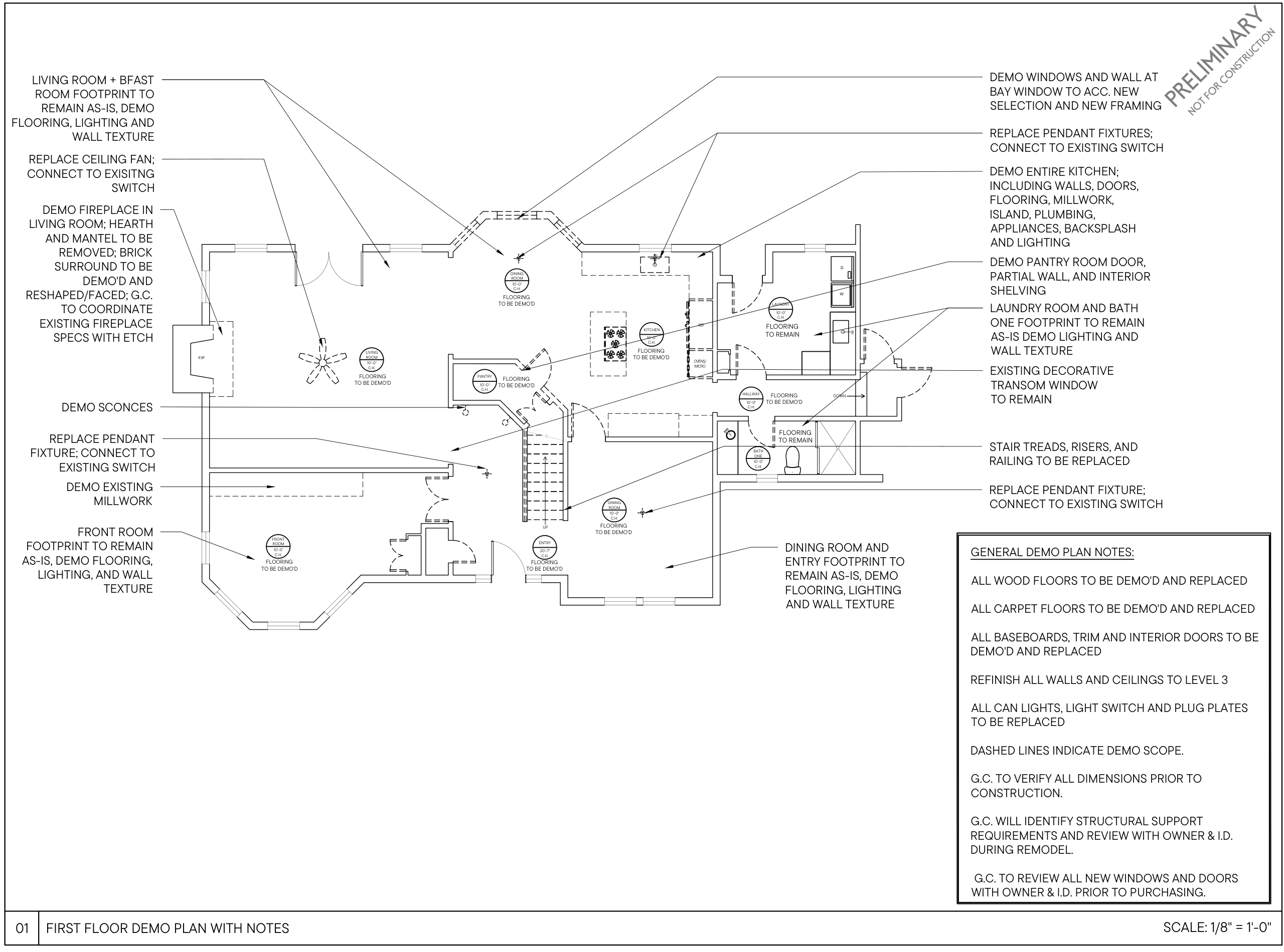 Drawing 2: first floor demo plan with notes